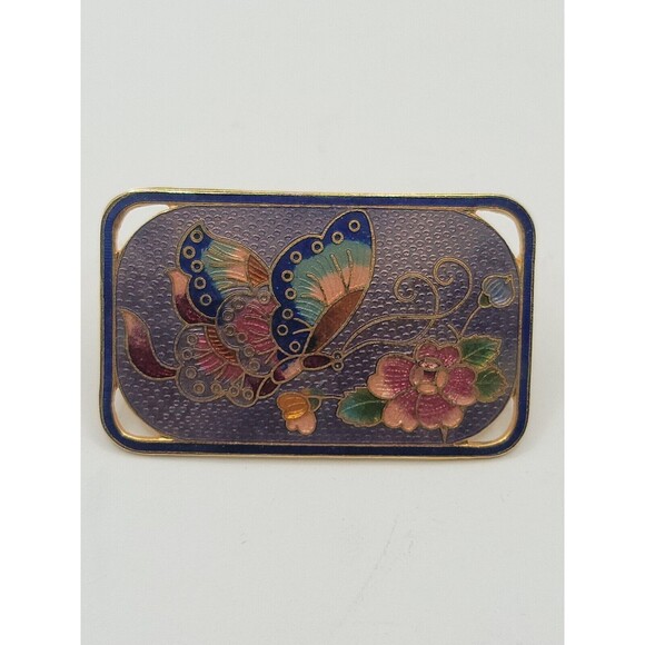Vintage Cloisonne Enamel Butterfly & Flower Brooch Gold Tone Red Blue Bolo Tie - Picture 3 of 7